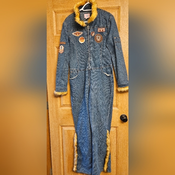 BX BoomX Denim Coveralls with Fur Trim and 1996 wing patches. Jumpsuit Overalls. - Picture 1 of 12